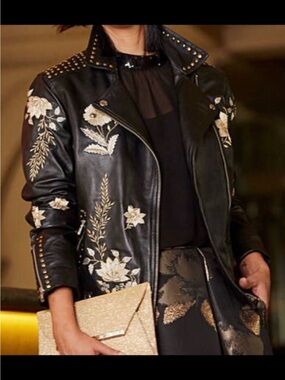 Black Faux Leather Moto Jacket with Cream Floral Embroidery